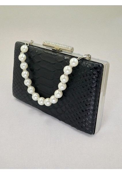 Siyah Renk Anakonda Desenli Mat Şık ve Lüks Kadın Abiye Çanta Düğün Nişan fırsatları