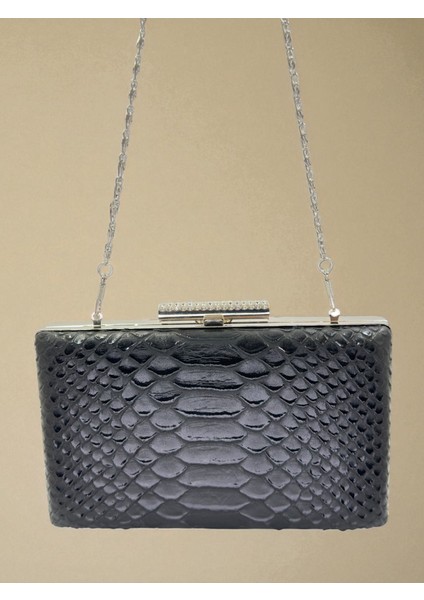 Siyah Renk Anakonda Desenli Mat Şık ve Lüks Kadın Abiye Çanta Düğün Nişan