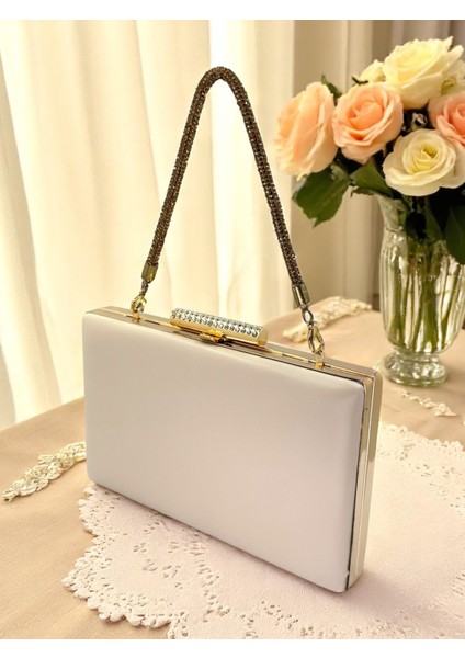 Kum Renk Mat Cilt Deri Altın Taş Saplı Kadın Abiye Çanta Düğün Nişan Mezuniyet