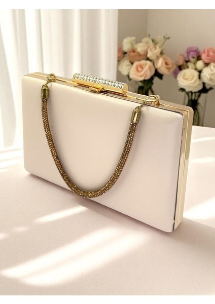 Kum Renk Mat Cilt Deri Altın Taş Saplı Kadın Abiye Çanta Düğün Nişan Mezuniyet modelleri