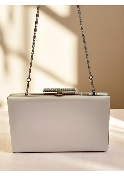 Kum Renk Mat Cilt Deri Altın Taş Saplı Kadın Abiye Çanta Düğün Nişan Mezuniyet