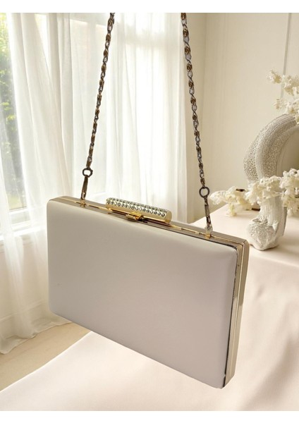 Kum Renk Mat Cilt Deri Altın Taş Saplı Kadın Abiye Çanta Düğün Nişan Mezuniyet