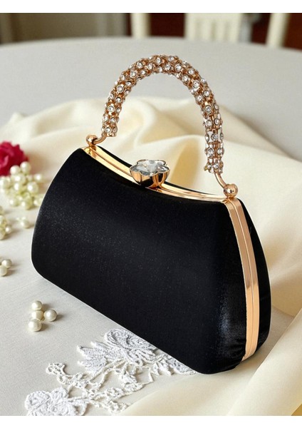 Özel Tasarım Siyah Renk Saten Altın Kristal Taşlı Saplı Kulplu Kadın Abiye Çanta fiyatları