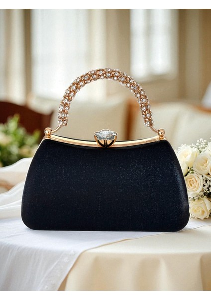 Özel Tasarım Siyah Renk Saten Altın Kristal Taşlı Saplı Kulplu Kadın Abiye Çanta modelleri