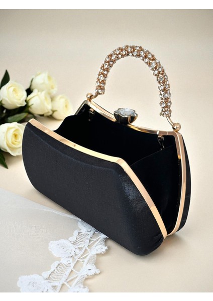 Özel Tasarım Siyah Renk Saten Altın Kristal Taşlı Saplı Kulplu Kadın Abiye Çanta fırsatları