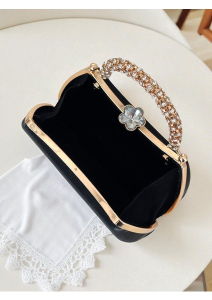 Özel Tasarım Siyah Renk Saten Altın Kristal Taşlı Saplı Kulplu Kadın Abiye Çanta indirimleri