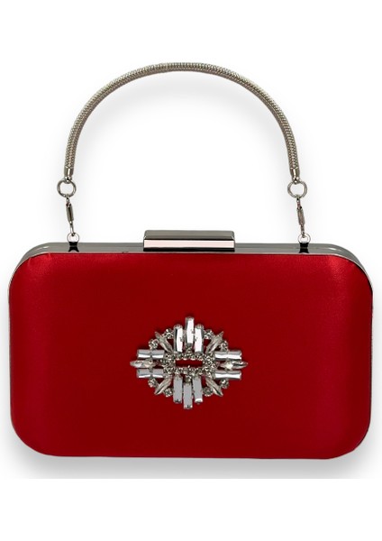 Kırmızı Renk Saten Gümüş Kasalı Gümüş Taşlı Kulplu Saplı Abiye Gece Çantası Düğün Portföy