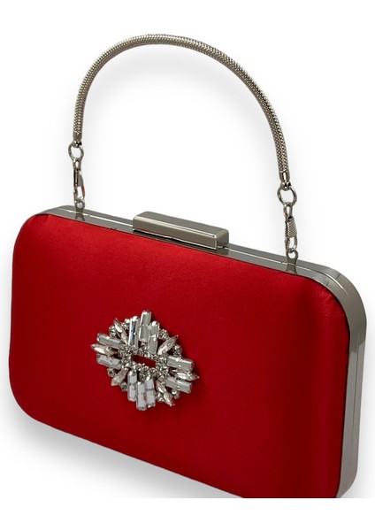 Kırmızı Renk Saten Gümüş Kasalı Gümüş Taşlı Kulplu Saplı Abiye Gece Çantası Düğün Portföy fiyatları