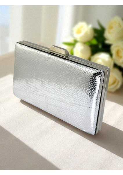 Gümüş Gri Lame Renk Yılan Desenli Parlak Deri Kadın Abiye Çanta Düğün Nişan Mezuniyet