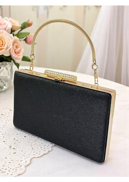 Siyah Altın Detaylı Simleri Dökülmeyen Ithal Kumsim Metal Saplı Kadın Abiye Çanta Düğün Nişan