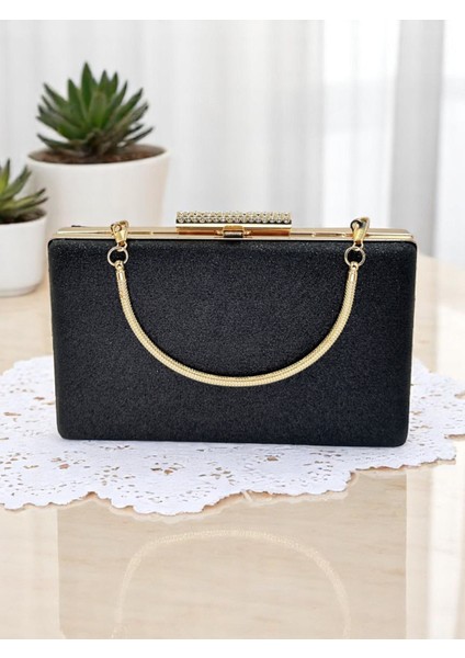 Siyah Altın Detaylı Simleri Dökülmeyen Ithal Kumsim Metal Saplı Kadın Abiye Çanta Düğün Nişan fırsatları