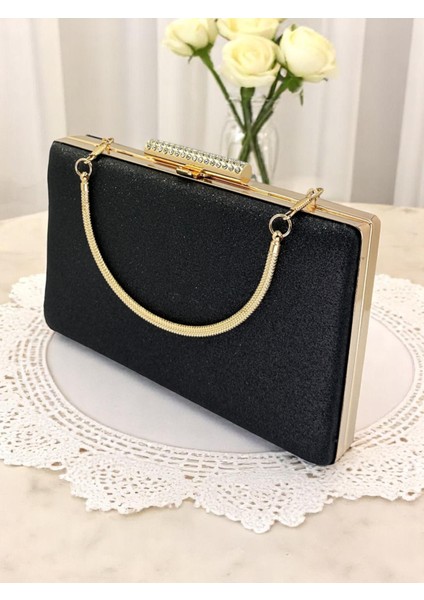 Siyah Altın Detaylı Simleri Dökülmeyen Ithal Kumsim Metal Saplı Kadın Abiye Çanta Düğün Nişan indirimleri