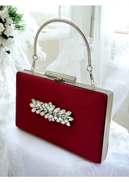 Bordo Kristal Taşlı Metal Saplı Saten Kadın Gece Çantası Abiye Çanta Düğün Nişan Mezuniyet