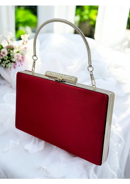 Bordo Kristal Taşlı Metal Saplı Saten Kadın Gece Çantası Abiye Çanta Düğün Nişan Mezuniyet