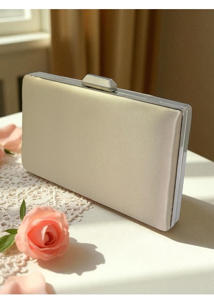 Ten Nude Saten Renk Gümüş Detaylı Abiye Çanta Gece Çantası Nişan Düğün Çantası