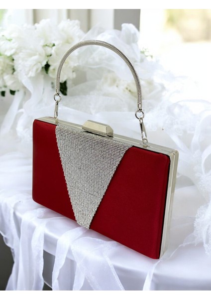 Bordo Kristal Taşlı Metal Saplı Saten Kadın Gece Çantası Abiye Çanta Düğün Nişan Mezuniyet