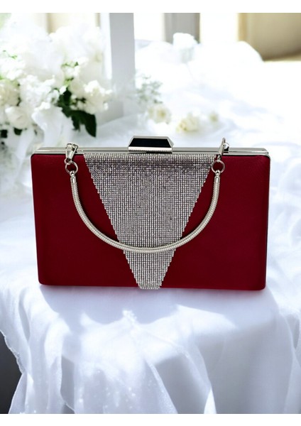 Bordo Kristal Taşlı Metal Saplı Saten Kadın Gece Çantası Abiye Çanta Düğün Nişan Mezuniyet