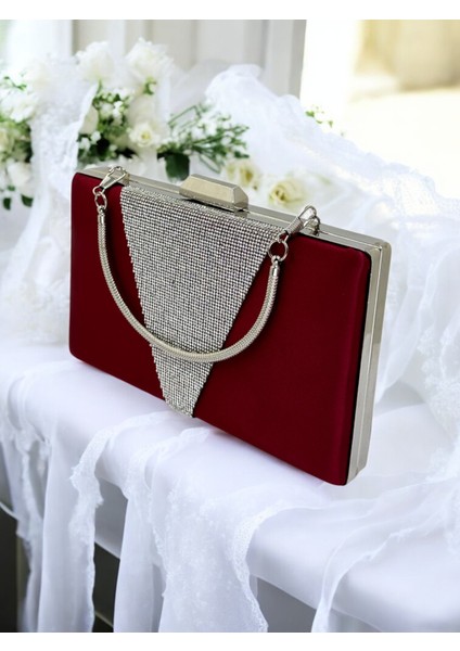 Bordo Kristal Taşlı Metal Saplı Saten Kadın Gece Çantası Abiye Çanta Düğün Nişan Mezuniyet