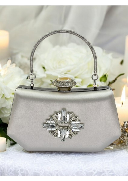 Gümüş Gri Lame Renk Gümüş Kristal Taşlı Zarif Tasarım Metal Saplı Abiye Çantası fiyatları