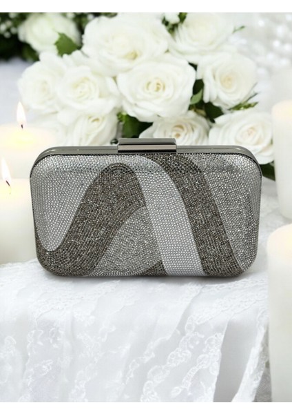 Özel Tasarım Gümüş Gri Lame Platin Renk Kristal Taşlı Abiye Çanta Düğün Nişan Kına Mezuniyet