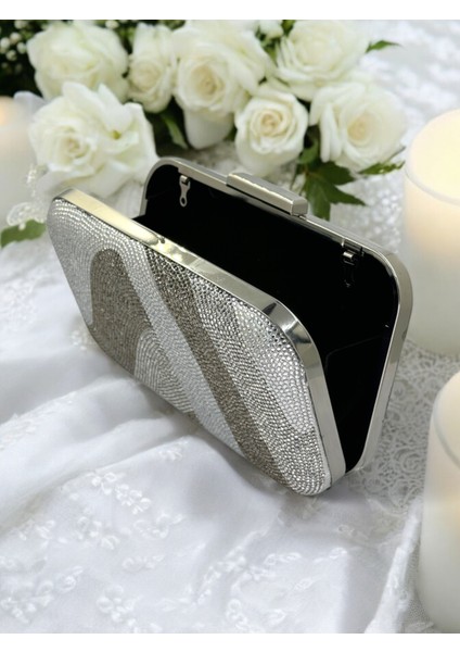 Özel Tasarım Gümüş Gri Lame Platin Renk Kristal Taşlı Abiye Çanta Düğün Nişan Kına Mezuniyet modelleri