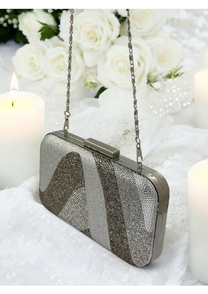 Özel Tasarım Gümüş Gri Lame Platin Renk Kristal Taşlı Abiye Çanta Düğün Nişan Kına Mezuniyet indirimleri