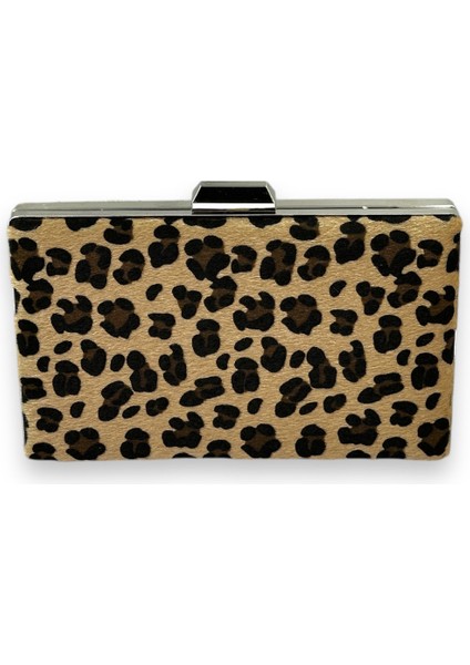 Tüylü Ithal Leopar Desenli Abiye Çanta Gece Çantası Düğün Nişan Mezuniyet