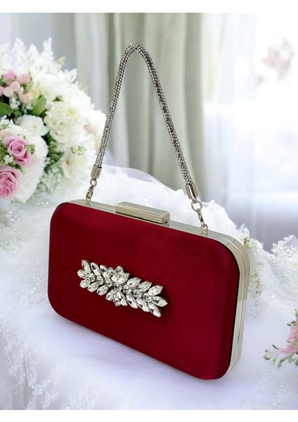 Bordo Kristal Taşlı Saten Taş Saplı Kadın Gece Çantası Abiye Çanta Düğün Nişan Mezuniyet