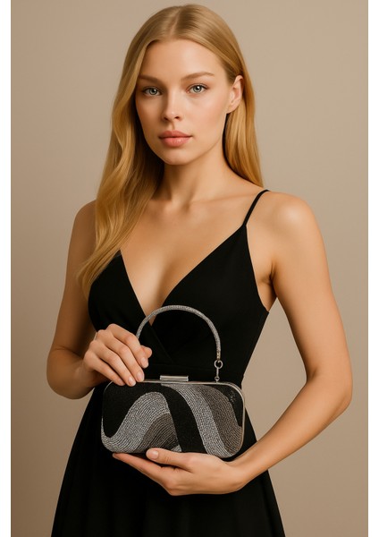 Özel Tasarım Siyah Gümüş Platin Metal Saplı Kristal Taşlı Abiye Çanta Düğün Nişan Kına Mezuniyet