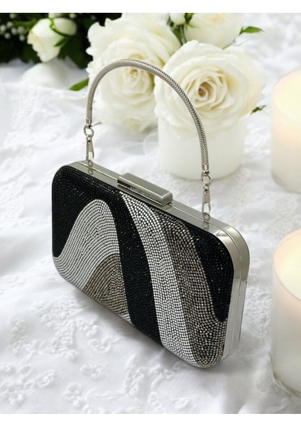 Özel Tasarım Siyah Gümüş Platin Metal Saplı Kristal Taşlı Abiye Çanta Düğün Nişan Kına Mezuniyet modelleri