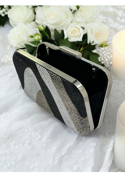 Özel Tasarım Siyah Gümüş Platin Metal Saplı Kristal Taşlı Abiye Çanta Düğün Nişan Kına Mezuniyet fırsatları