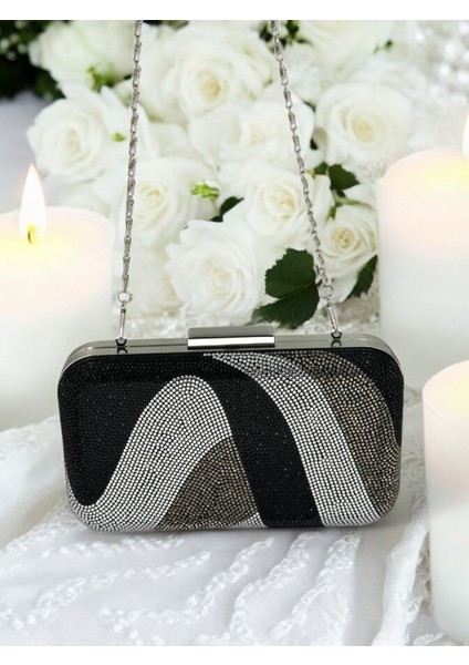 Özel Tasarım Siyah Gümüş Platin Metal Saplı Kristal Taşlı Abiye Çanta Düğün Nişan Kına Mezuniyet indirimleri