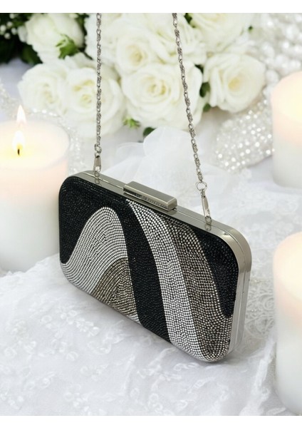Özel Tasarım Siyah Gümüş Platin Metal Saplı Kristal Taşlı Abiye Çanta Düğün Nişan Kına Mezuniyet