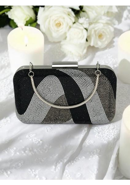 Özel Tasarım Siyah Gümüş Platin Metal Saplı Kristal Taşlı Abiye Çanta Düğün Nişan Kına Mezuniyet