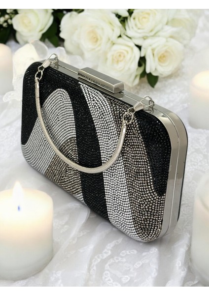Özel Tasarım Siyah Gümüş Platin Metal Saplı Kristal Taşlı Abiye Çanta Düğün Nişan Kına Mezuniyet