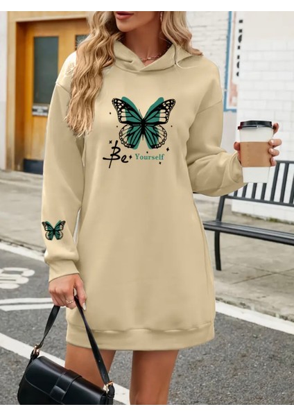 Büyük Beden Özel Tasarım Kapüşonlu Kelebek Be Yourself Baskılı Kışlık Trend Kadın Hoodie Elbise