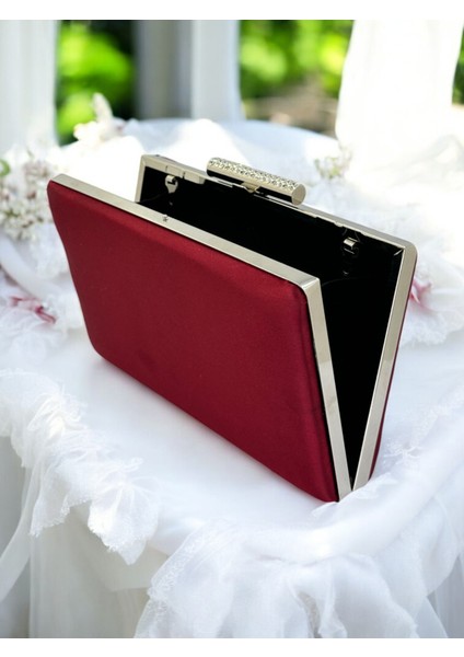 Bordo Kristal Taşlı Metal Saplı Saten Kadın Gece Çantası Abiye Çanta Düğün Nişan Mezuniyet modelleri