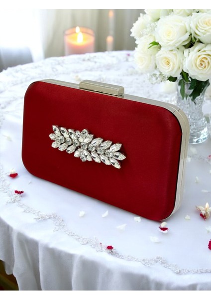 Bordo Kristal Taşlı Saten Kadın Gece Çantası Abiye Çanta Düğün Nişan Mezuniyet