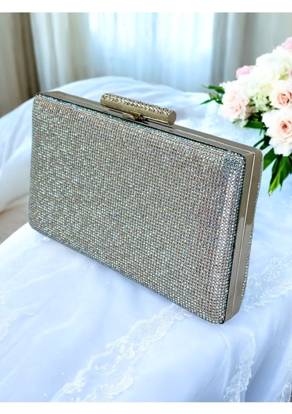 Gümüş Janjan Renk Tek Taraf Taşlı Kadın Abiye Çanta Düğün Nişan Mezuniyet