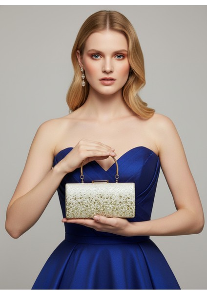 Özel Tasarım Metal Saplı Kristal Taşlı Çift Renk Inci Altın Abiye Çanta Düğün Nişan Kına Mezuniyet