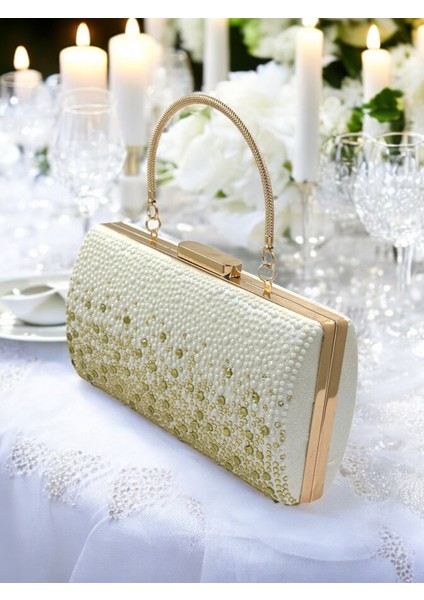 Özel Tasarım Metal Saplı Kristal Taşlı Çift Renk Inci Altın Abiye Çanta Düğün Nişan Kına Mezuniyet fiyatları