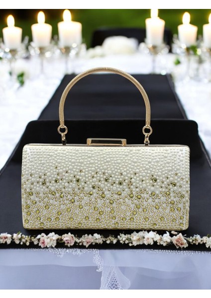 Özel Tasarım Metal Saplı Kristal Taşlı Çift Renk Inci Altın Abiye Çanta Düğün Nişan Kına Mezuniyet modelleri