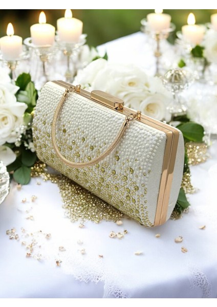 Özel Tasarım Metal Saplı Kristal Taşlı Çift Renk Inci Altın Abiye Çanta Düğün Nişan Kına Mezuniyet indirimleri