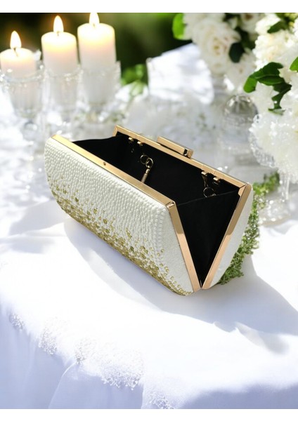 Özel Tasarım Metal Saplı Kristal Taşlı Çift Renk Inci Altın Abiye Çanta Düğün Nişan Kına Mezuniyet