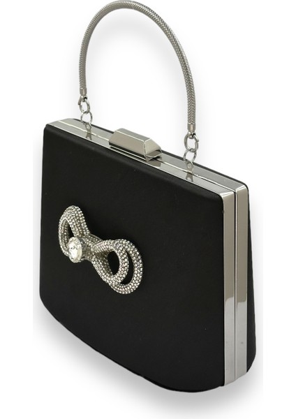 Siyah Renk Saten Krsital Taşlı Gümüş Detaylı Büyük Boy Metal Saplı Abiye Çanta fiyatları