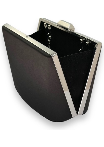 Siyah Renk Saten Krsital Taşlı Gümüş Detaylı Büyük Boy Metal Saplı Abiye Çanta modelleri