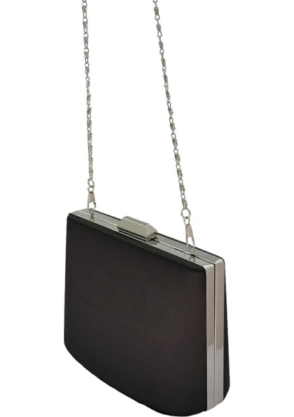 Siyah Renk Saten Krsital Taşlı Gümüş Detaylı Büyük Boy Metal Saplı Abiye Çanta indirimleri