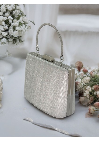 Gümüş Gri Lame Renk Lazer Desen Büyük Boy Metal Saplı Zincir Askılı Abiye Çanta fiyatları