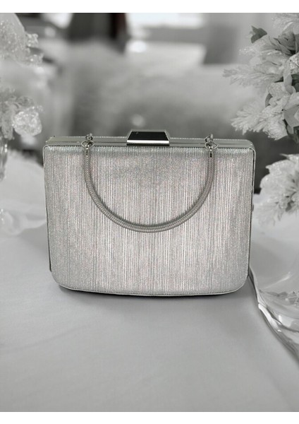 Gümüş Gri Lame Renk Lazer Desen Büyük Boy Metal Saplı Zincir Askılı Abiye Çanta fırsatları