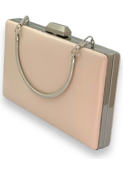 Ten Renk Cilt Deri Mat Deri Metal Saplı Abiye Çanta Gece Çantası Düğün Nişan Kına